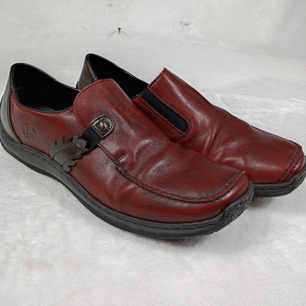 Rieker Antistress Red Leather Leaf Detail Slip On Loafers Shoes 42